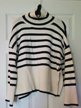 Striped Black and Cream Turtleneck Sweater - Women's